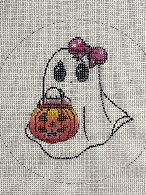 Ghost Holding Pumpkin with Bow in Hair